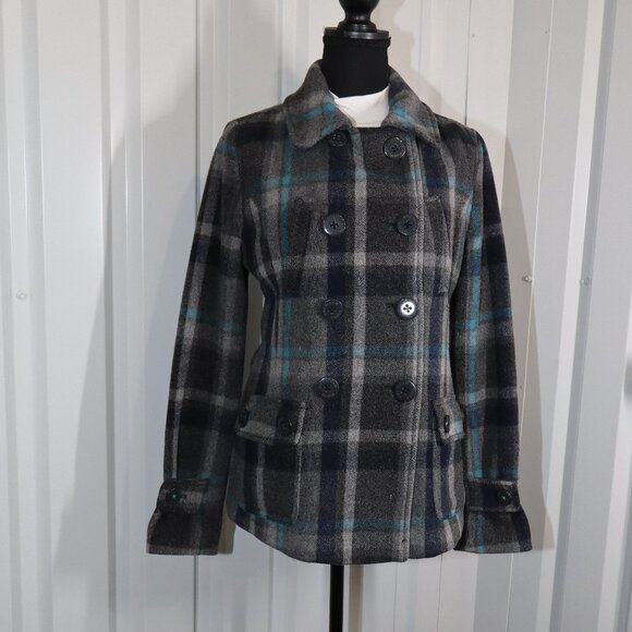 American Eagle Womens Wool Blend Plaid Gray Blue Double Breasted Pea Coat Size M - Picture 1 of 11